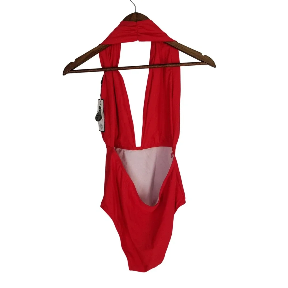 Retro Stage Red Halter One Piece Swimsuit Plunge V-Neck Ruched Waist Large‎ NEW